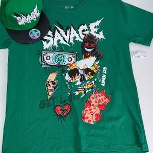 Savage Green Graphic Men's Tee & hat Sz Large NWT
